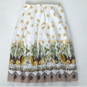 Vintage Women's White Soft Yellow Floral Summer Garden Bohemian Cotton Skirt S